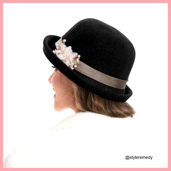 Wool Felt Floral Bucket Hat, Vintage Cloche Fedora for Women main image 5